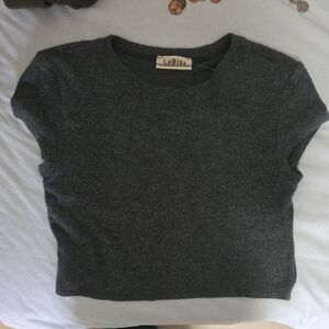 La Biz Charcoal Gray Cropped Knit Tee Small NWT Soft Nylon Spandex
